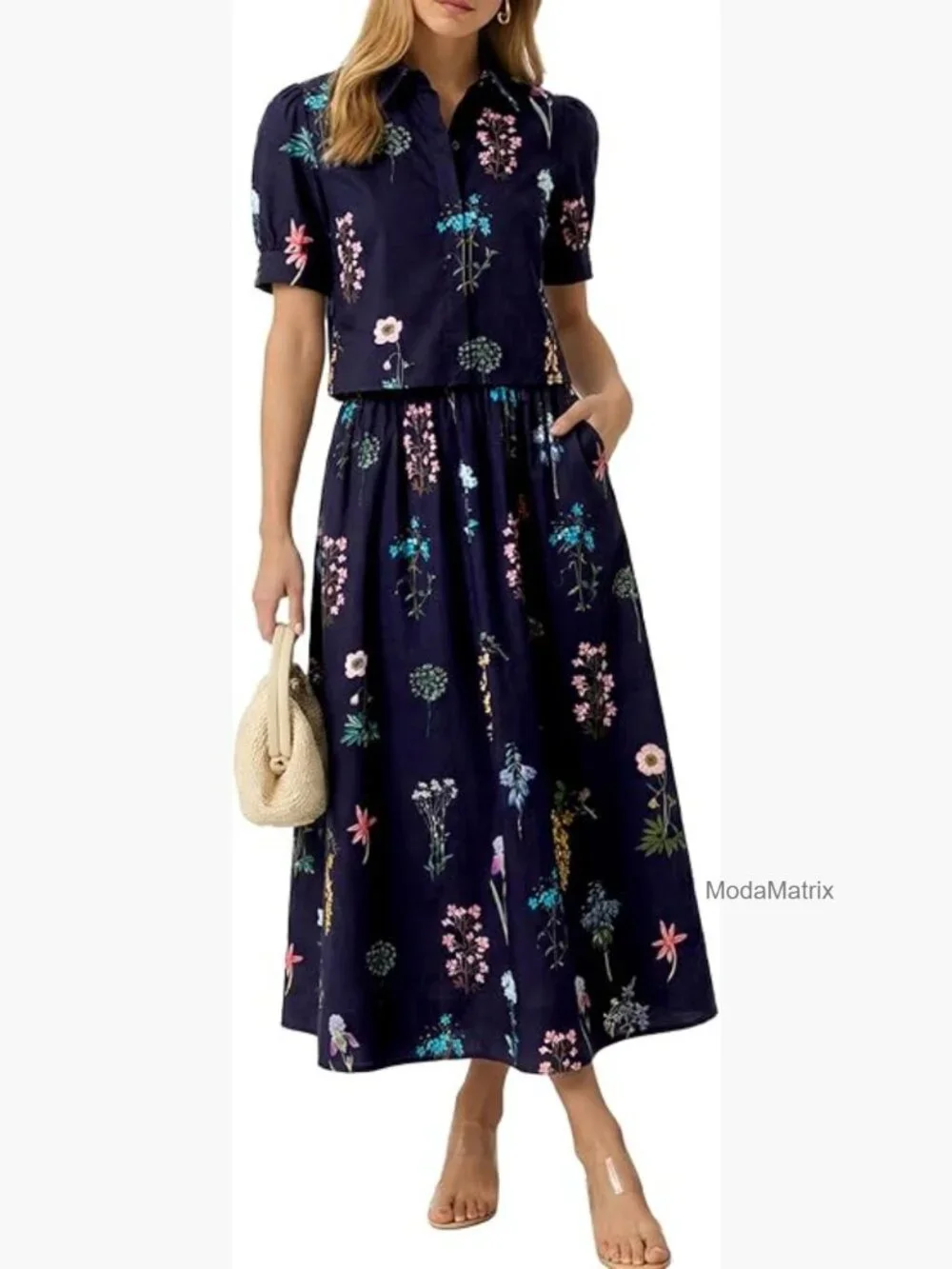 2 Piece Floral Skirt Set Puff Sleeve Blouse Elastic Waist Matching Vacation